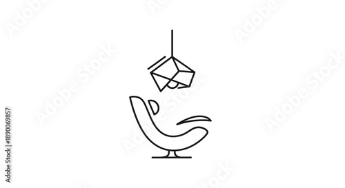 A minimalist line drawing of a modern chair with a geometric pendant light fixture hanging above it, set against a clean white background with a simple and elegant mood.