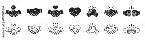 Handshake icon set, business agreement and partnership symbols, outline and solid vector illustration collection on transparent background
