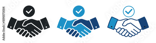 Handshake icon set, business agreement and partnership with checkmark, outline and solid vector illustration collection on transparent background