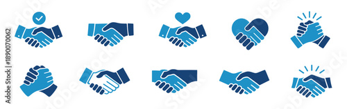 Handshake icon set, business agreement and partnership symbols with heart and checkmark, flat and outline vector illustration collection on transparent background