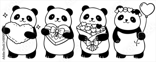 Cute Panda Valentine Characters Holding Heart and Gifts, Kawaii Line Art Illustration