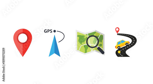 A collection of essential navigation icons including a map pin a gps arrow a magnifying glass over a terrain map and a car following a winding road route
