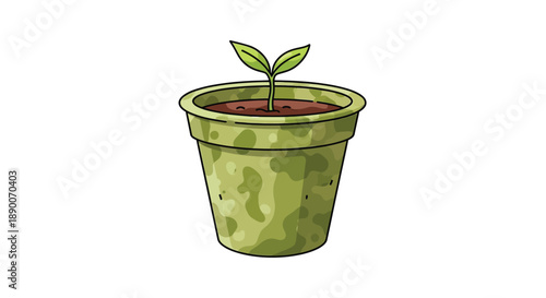 Small green plant growing in camouflage flower pot, cute nature illustration
