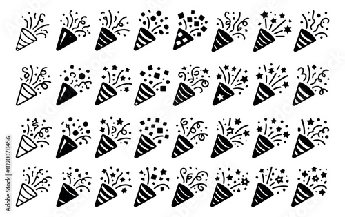 Hand drawn line art party popper icons set featuring exploding confetti, stars, and streamers for celebrations and festive events