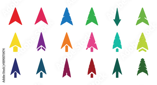Collection of brightly colored directional navigation map pointers artistically blending abstract arrow shapes with stylized evergreen tree silhouettes for adventure design