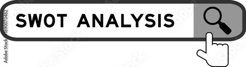 Search banner in word SWOT (abbreviation of strength, weakness, opportunities, threats) analysis with hand over magnifier icon on white background