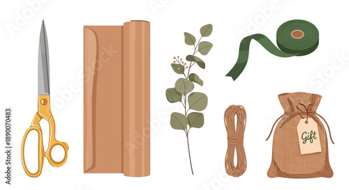 Assortment of rustic gift wrapping supplies including gold scissors brown paper roll green ribbon natural twine and a burlap pouch for festive packaging ideas