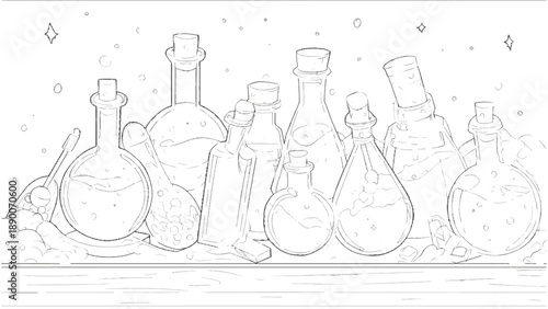 Vector sketch-style background of a series of fantasy magic potions. Drawing with black lines on a transparent background.