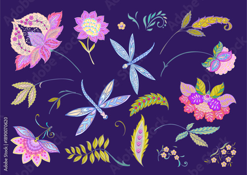 Fantasy flowers and dragonflies in retro, vintage, jacobean style. Clip art, set of elements for design Vector illustration.