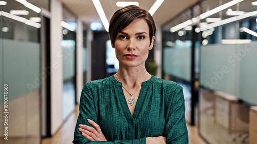 Confident businesswoman stands with arms crossed in a modern office hallway, exuding determination and leadership.