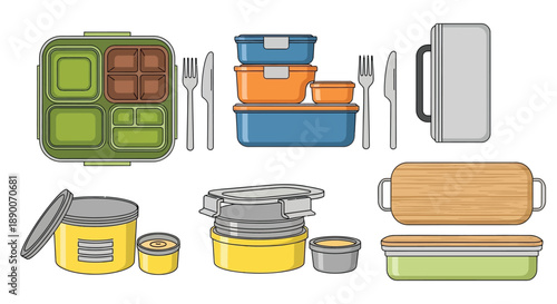 Various colorful food storage containers including bento boxes and thermoses illustrate healthy meal preparation and portable eating options for modern lifestyles.