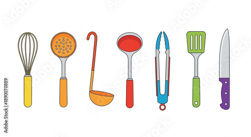 A vibrant collection of essential kitchen utensils including a whisk a slotted spoon a ladle a soup ladle tongs a spatula and a sharp knife displayed neatly in a row