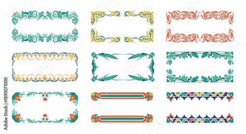Collection of twelve ornate decorative frames and elegant banner dividers featuring vibrant floral scrollwork and intricate geometric patterns for design projects
