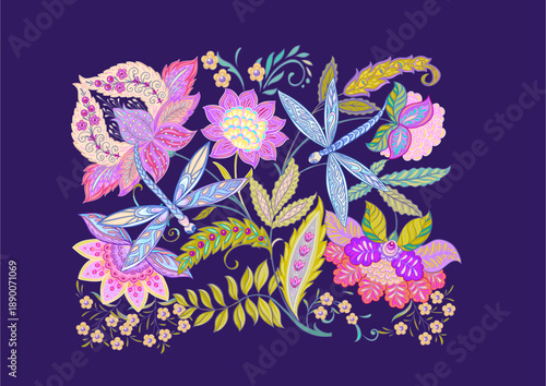 Fantasy flowers and dragonflies in retro, vintage, jacobean style. Clip art, set of elements for design Vector illustration.