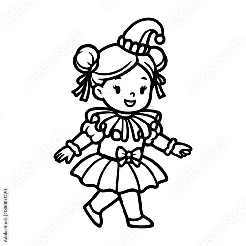 Dibujo sencillo con líneas de una niña andando disfrazada para la fiesta de carnaval 
