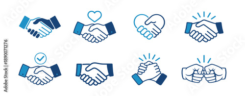 Set of business handshake and fist bump icons. Partnership agreement, teamwork and friendly greeting symbols on transparent background