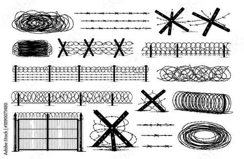 Hand drawn line art security barrier set featuring various barbed wire fences, razor wire coils, and military obstacles for restriction and protection concepts