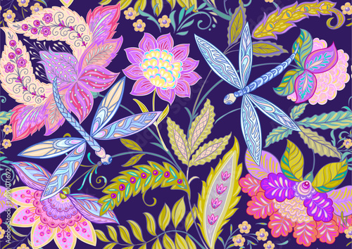 Fantasy flowers and dragonflies in retro, vintage, jacobean embroidery style. Seamless pattern, background. Vector illustration.