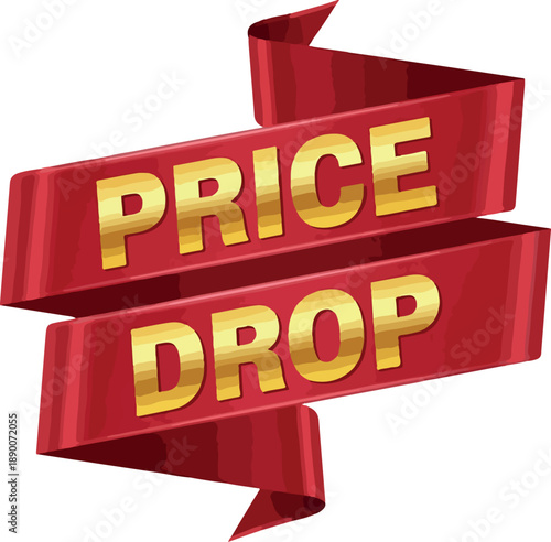 Price drop red ribbon banner advertising special offer or reduced cost