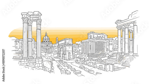 Ancient rome cityscape with ruins and architecture in linear style