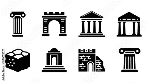 Ancient architectural icons set featuring columns and arches
