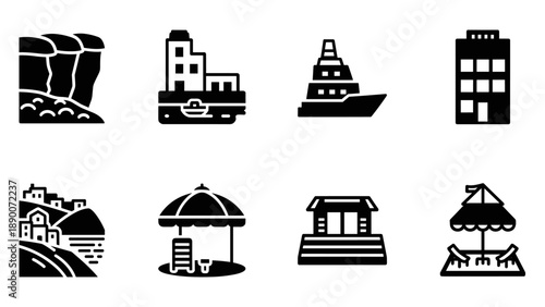 Coastal and urban elements: mountains, ships, and seaside buildings in minimalist black icons