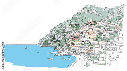 Colorful coastal scene of a mediterranean cliffside town with vibrant architecture and blue sea