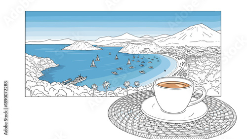 Serene coastal view with coffee cup and ocean landscape in linear style
