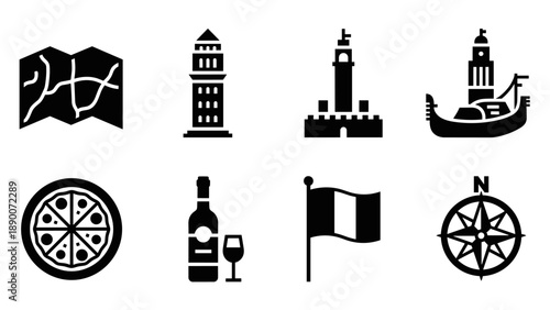 Silhouette icons of landmarks and nautical elements for travel themes