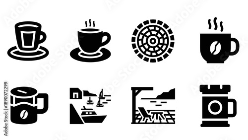 Minimalist coffee icons and scenic seaside views in flat silhouette style