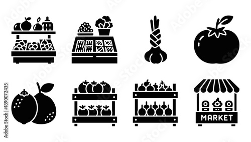 Silhouette market stalls and fresh produce icons featuring fruits and vegetables