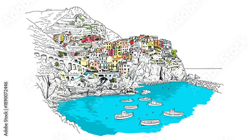 Colorful coastal village with boats and cliffs in hand-drawn style