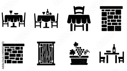 Restaurant icons set: table, chair, wine, and brick patterns in bold silhouette style