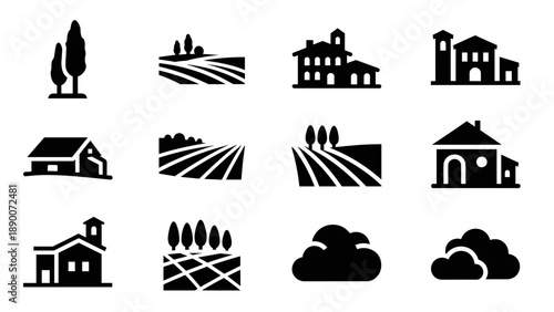 Set of minimalist farm and country silhouettes with houses and trees