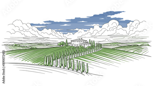 Picturesque countryside scene with rolling hills and farmhouse landscape