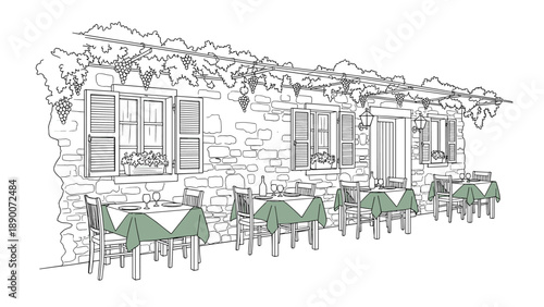 Charming outdoor café with grape vines and rustic stone wall in linear style
