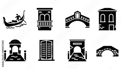 Silhouette icons of venetian landmarks and architecture symbols