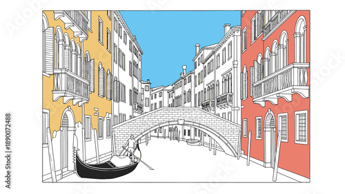 Colorful canal scene with gondola and bridge in urban landscape