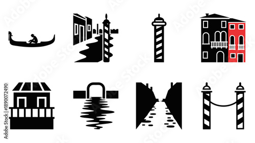 Venice silhouette icons: gondola, canal, buildings, and landmarks