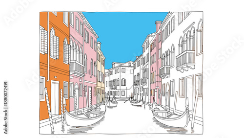 Charming european canal with colorful buildings and gondolas in linear art