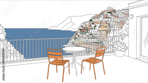 Coastal balcony with sea view and colorful hillside homes