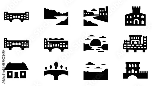 Flat silhouette landscapes and architecture icon set