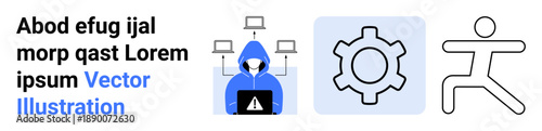 Hacker in a hoodie with laptop, interconnected devices, gear representing automation, and an abstract running figure. Ideal for cybersecurity, automation, technology, fitness, innovation health