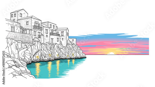 Coastal town at sunset with colorful skies and cliffside architecture