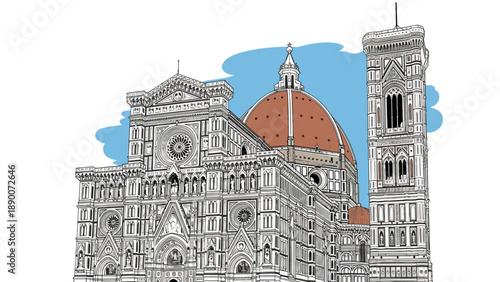 Detailed architectural drawing of florence cathedral with bell tower against a blue sky