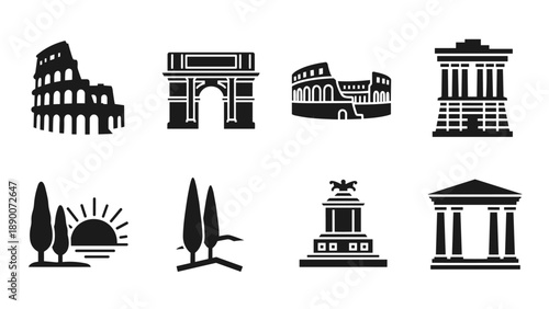Iconic architectural monuments collection in black silhouette style