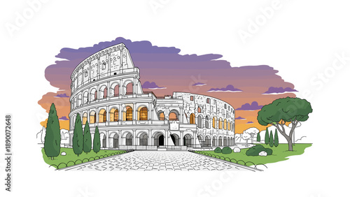 Colorful roman colosseum at sunset with trees and clouds in background