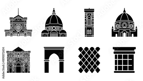 Silhouette icons of historic european architecture and landmarks