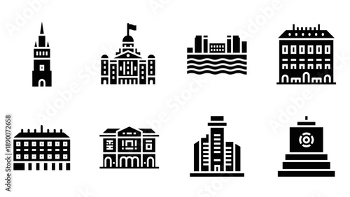 Icon set of city landmarks in bold silhouette style