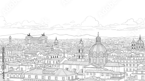 Elegant cityscape with historic buildings and skyline in linear style